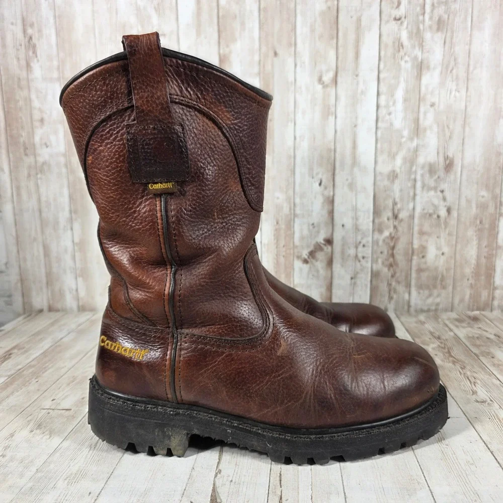 Carhartt Mens 9.5 E2 Brown Leather Wellington Work Boots Vibram EH 3709 - Picture 1 of 8